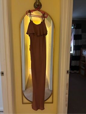 Brown Ruffle-Trim Maxi Dress with Spaghetti Straps